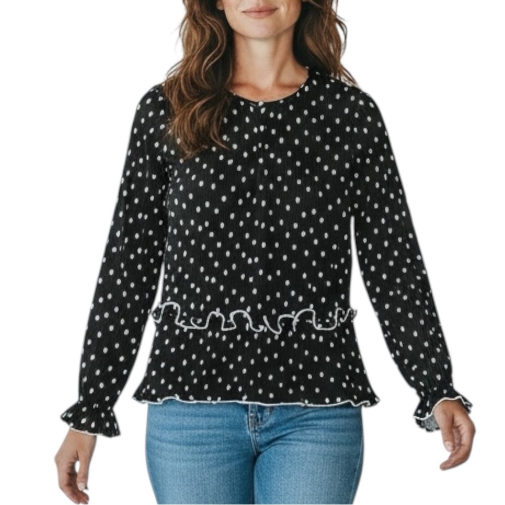 J. CREW Polka Dot Crinkle Ruffle Embellished Blouse in Black/White Size XXS